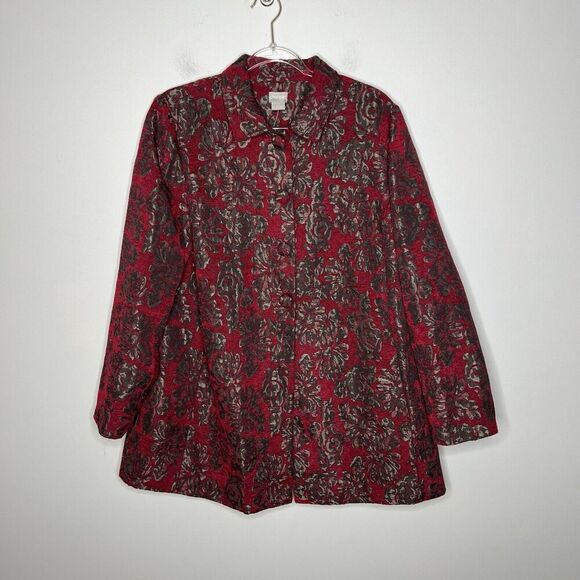 Chicos Jacket Topper Womens Size 2 US 12/14 Red Floral Jacquard Tapestry - Picture 12 of 16